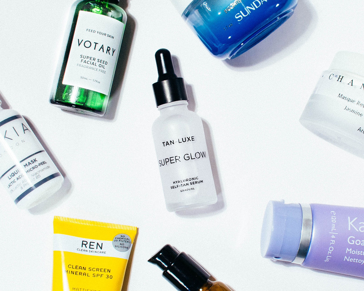 Collection of beauty products featuring Super Glow